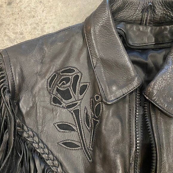 Black Leather Vintage Biker Jacket with Fringe and Rose Detail - Picture 3 of 13